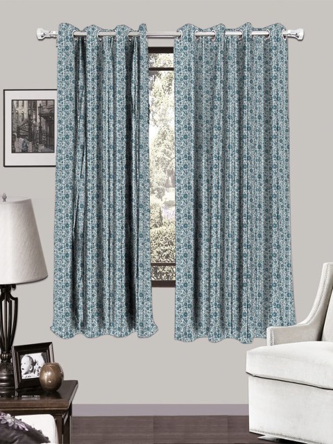 

HOUZZCODE Blue & Grey Set of 2 Floral Printed Room Darkening Curtains