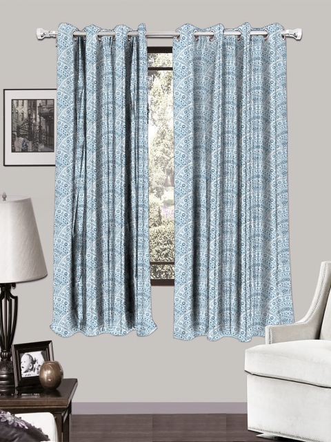 

HOUZZCODE Turquoise Blue & Off-White Set of 2 Curtains