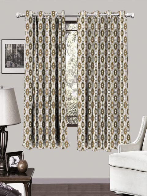 

HOUZZCODE Brown & Off-White Polyester Geometric Set of 2 Window Curtains