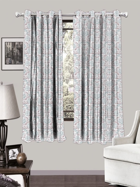 

HOUZZCODE Off-White & Green Set of 2 Room Darkening Windows Curtains