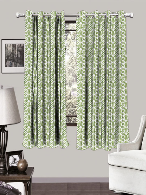 

HOUZZCODE White & Green Set of 2 Room Darkening Window Curtains