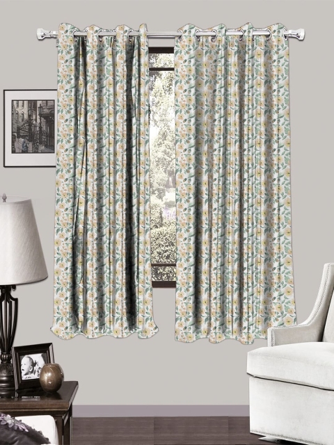 

HOUZZCODE Yellow & White Set of 2 Floral Printed Room Darkening Curtains