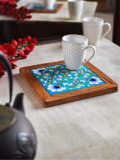 

Neerja Turquoise Blue Pottery Trivet With Wooden Frame