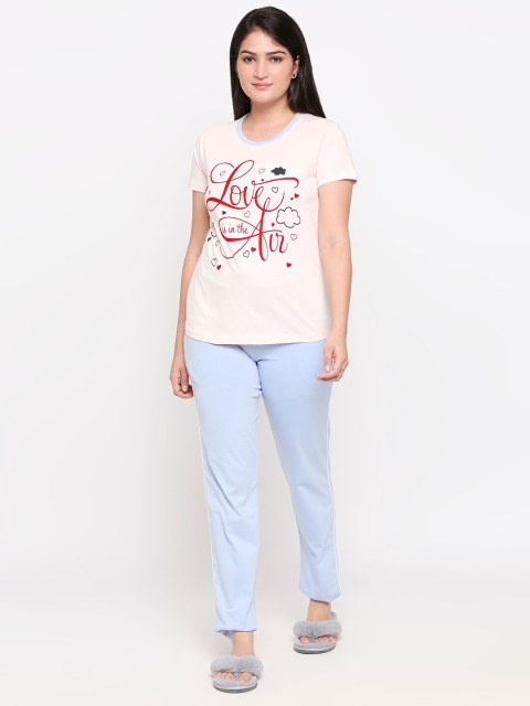 

XIN Women Pink & Blue Printed Pure Cotton Night Suit ONO1156