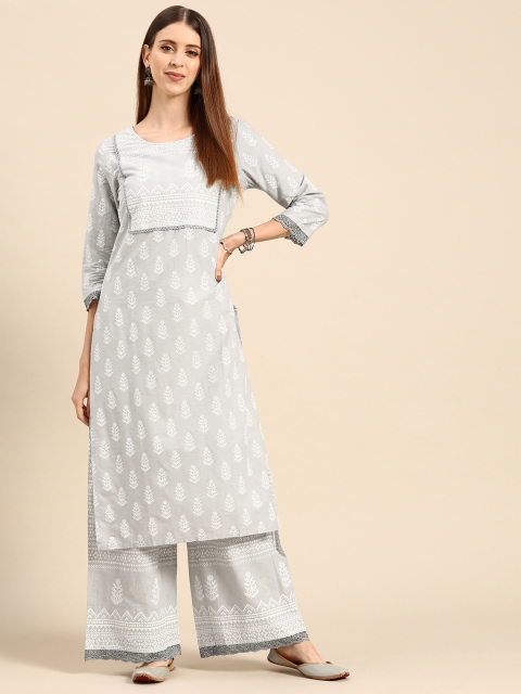 

Anouk Women Grey & White Ethnic Motifs Printed Pure Cotton Kurta with Palazzos