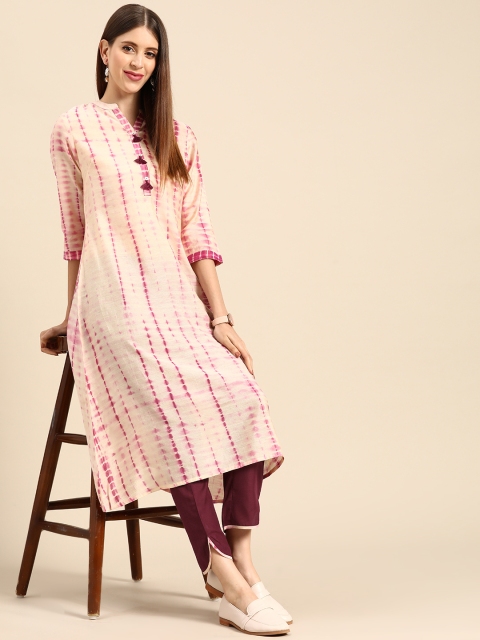 

Anouk Women Cream-Coloured & Purple Leheriya Printed Kurta with Trousers