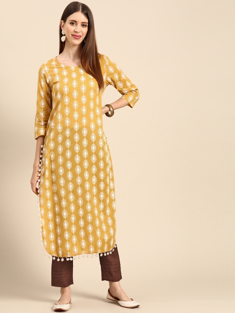 

Anouk Women Mustard Yellow & Brown Printed Pure Cotton Kurta with Trousers