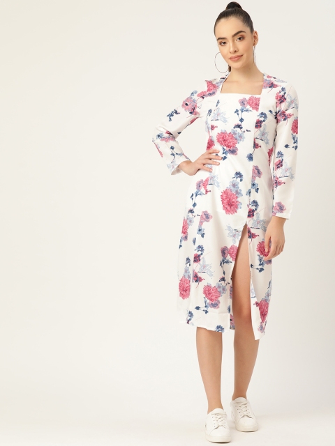 

DODO & MOA White & Pink Floral Crepe A-Line Midi Dress