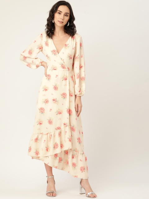 

DODO & MOA Cream & Pink Floral Printed Crepe Midi Wrap Dress