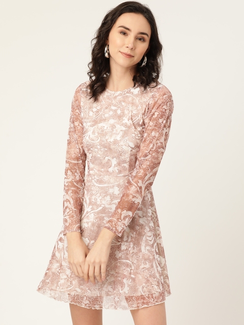 

DODO & MOA Brown & White Ethnic Motifs Net A-Line Dress