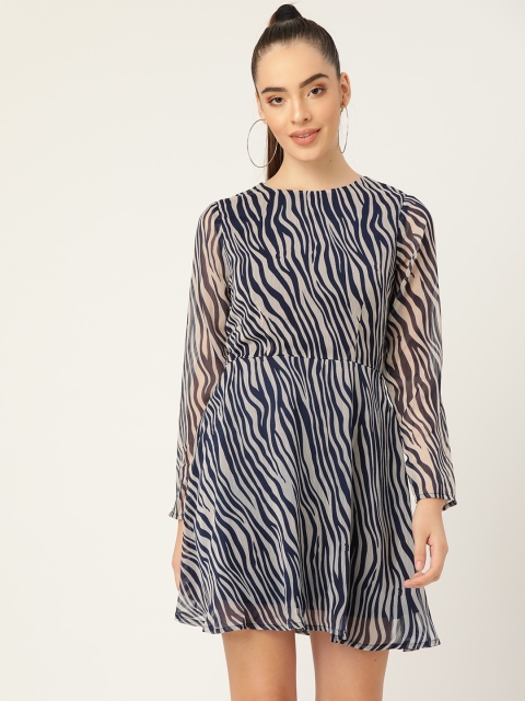 

DODO & MOA Navy Blue & White Animal Printed Chiffon Ethnic A-Line Dress