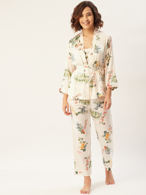 

Sweet Dreams Women Off White & Green Satin Finish Floral Print Night suit with Robe