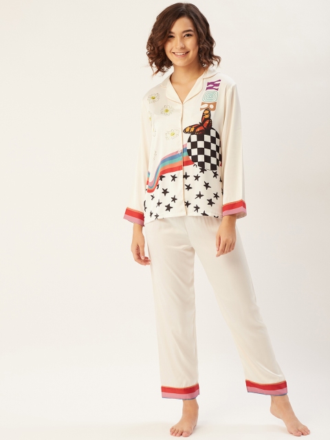 

Sweet Dreams Women Off White & Black Satin Finish Graphic Print Night suit