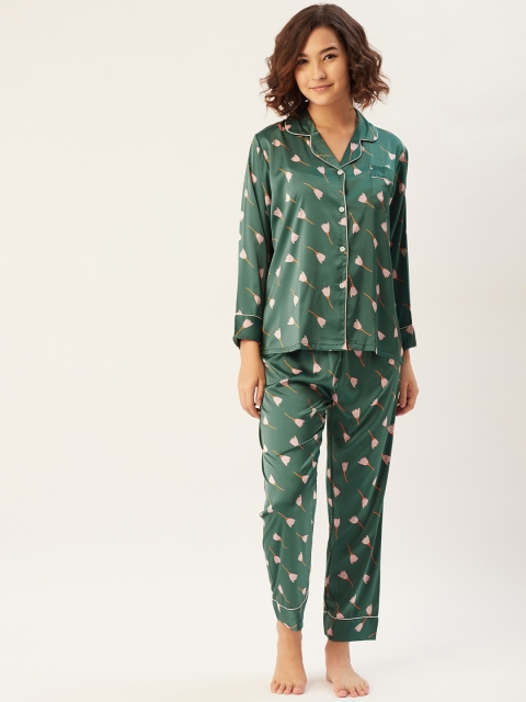 

Sweet Dreams Women Green & White Satin Printed Night suit