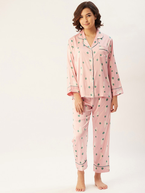 

Sweet Dreams Women Pink & Green Satin Printed Night suit