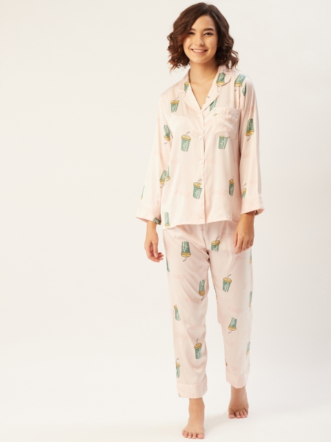 

Sweet Dreams Women Pink & Green Printed Satin Night suit