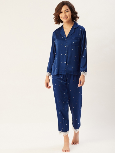 

Sweet Dreams Women Navy Blue & White Floral Printed Satin Night suit