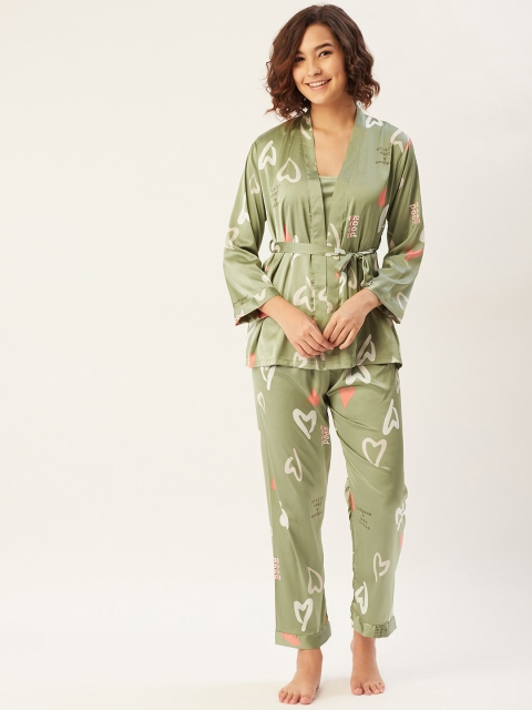 

Sweet Dreams Women Olive & Off White Printed Night Suit with Shrug