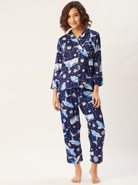 

Sweet Dreams Women Navy Blue Satin Finish Printed Night Suit