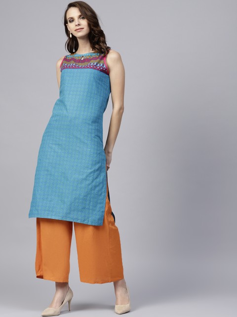 

Jaipur Kurti Women Blue Printed Straight Kurta