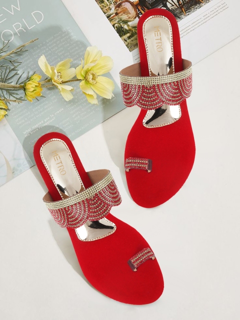 

Metro Women Red & Gold-Toned Embellished One Toe Heels