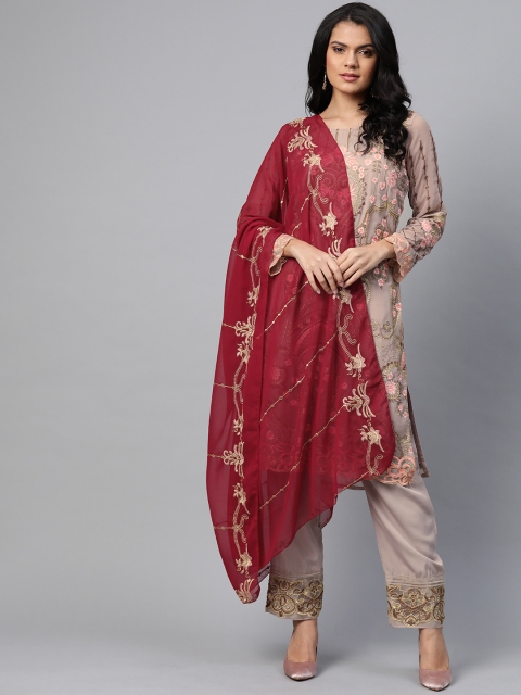 

Readiprint Fashions Beige & Maroon Embroidered Semi-Stitched Dress Material