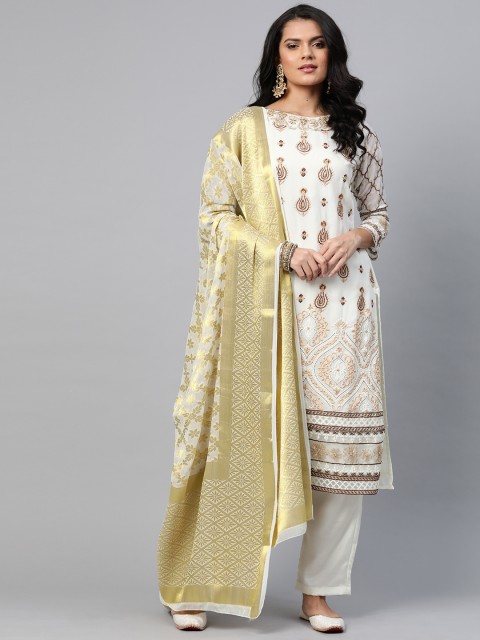 

Readiprint Fashions Off White & Golden Embroidered Semi-Stitched Dress Material