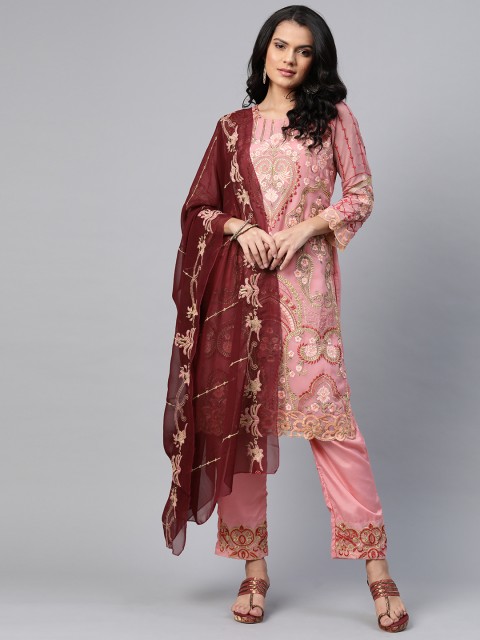 

Readiprint Fashions Peach-Coloured & Maroon Embroidered Semi-Stitched Dress Material