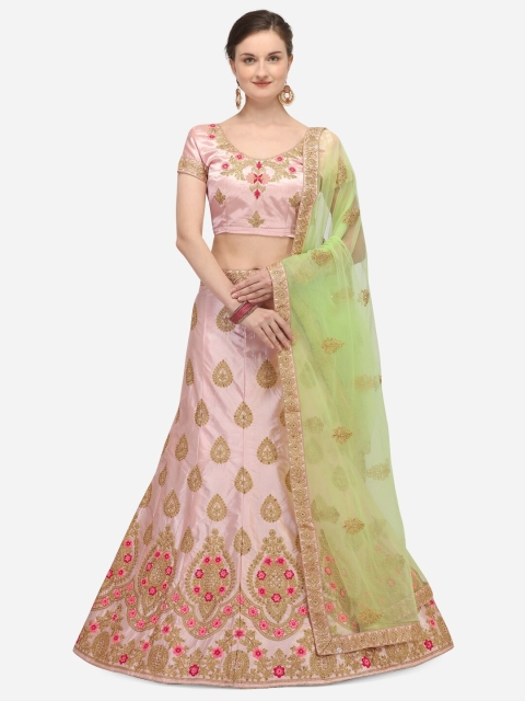 

Netram Pink & Green Embroidered Semi-Stitched Lehenga & Unstitched Blouse with Dupatta