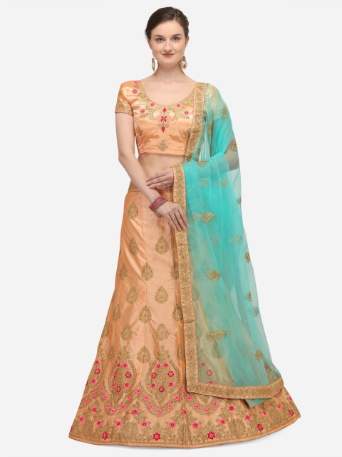 

Netram Peach-Coloured & Blue Embroidered Semi-Stitched Lehenga & Unstitched Blouse with Dupatta