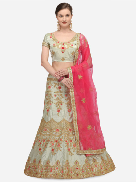

Netram Lime Green & Gold-Toned Embroidered Semi-Stitched Lehenga Choli