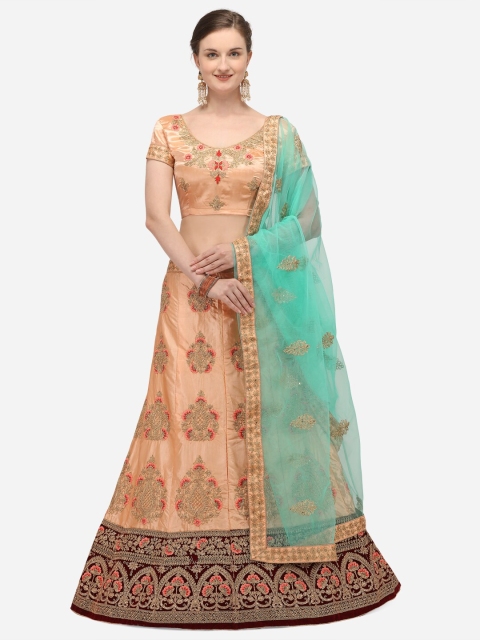 

Netram Peach-Coloured & Green Embroidered Semi-Stitched Lehenga & Unstitched Blouse with Dupatta