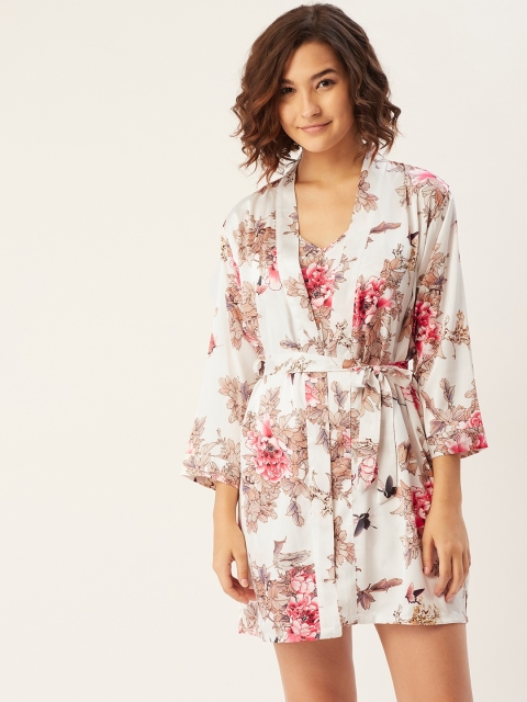 

Sweet Dreams White & Brown Floral Printed Satin Finish Babydoll with Shrug