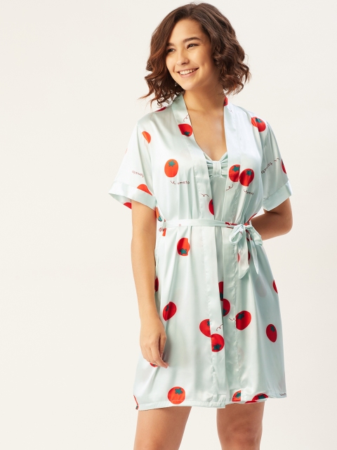 

Sweet Dreams Blue & Red Satin Finish Printed Babydoll with Shrug