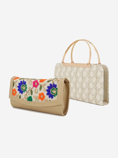 

Element Cart Beige & White Embroidered Clutch
