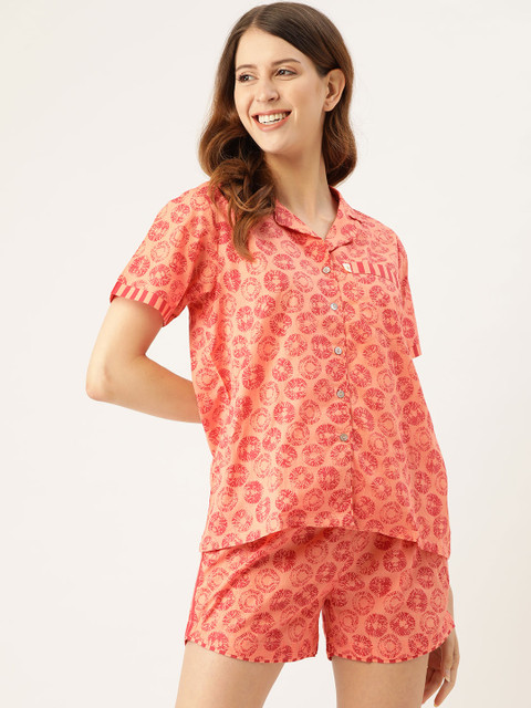 

DREAMSS BY SHILPA SHETTY Women Peach-Coloured & Coral Printed Night suit