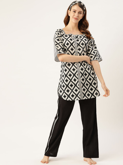 

DREAMSS BY SHILPA SHETTY Women Black & White Printed Night suit with Headband