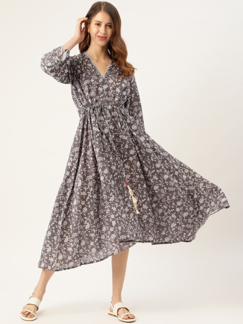 

DREAMSS BY SHILPA SHETTY Charcoal Grey & White Floral A-Line Midi Dress