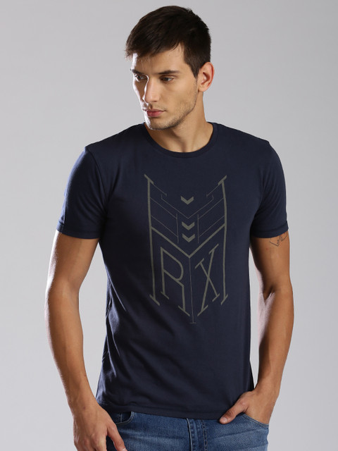 

HRX by Hrithik Roshan Men Navy Printed Round Neck T-Shirt, Navy blue