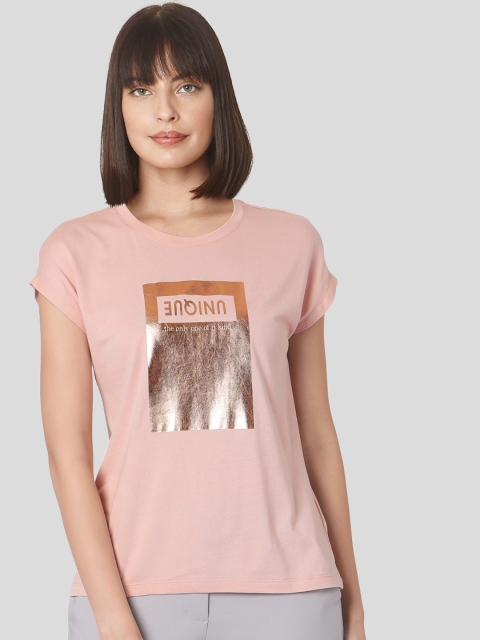 

Vero Moda Women Pink Typography Extended Sleeves T-shirt