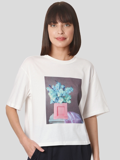 

Vero Moda Women White Printed Drop-Shoulder Sleeves Boxy Pure Cotton T-shirt