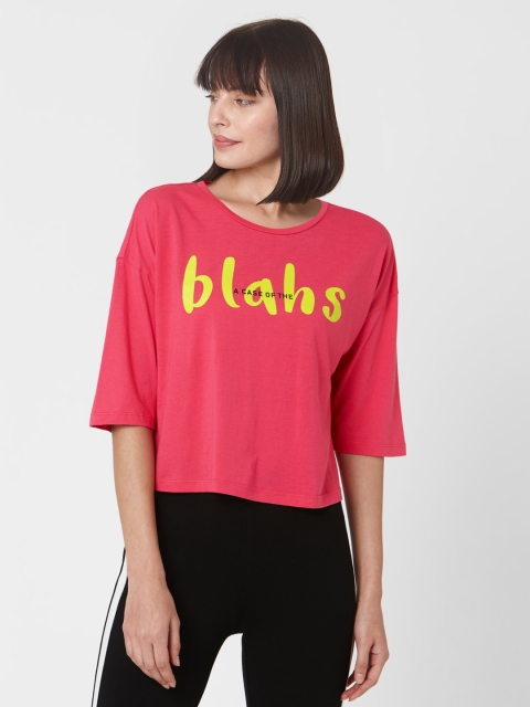 

Vero Moda Women Pink Typography Printed Drop-Shoulder Sleeves T-shirt