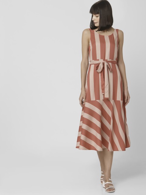 

Vero Moda Women Pink & White Striped A-Line Midi Dress