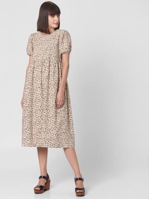 

Vero Moda Beige & Black Floral Print Gathered A-Line Midi Dress