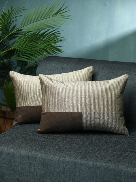 

AMOROSA Taupe & Silver-Toned Set of 2 Embroidered Rectangle Cushion Covers