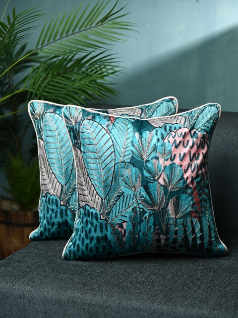 

AMOROSA Turquoise Blue Set of 2 Floral Square Velvet Cushion Covers