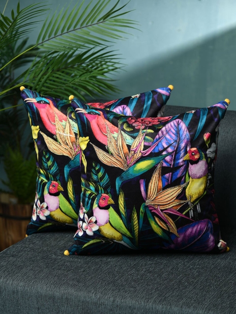 

AMOROSA Set of 2 Black & Purple Floral Square Cushion Covers