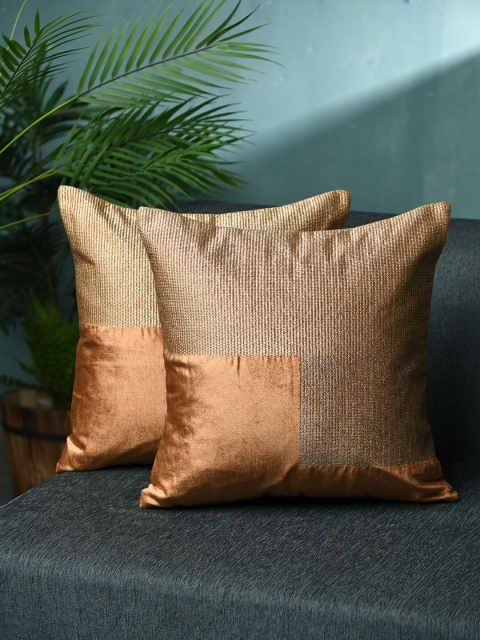 

AMOROSA Gold-Toned Set of 2 Colourblocked Square Velvet Cushion Covers