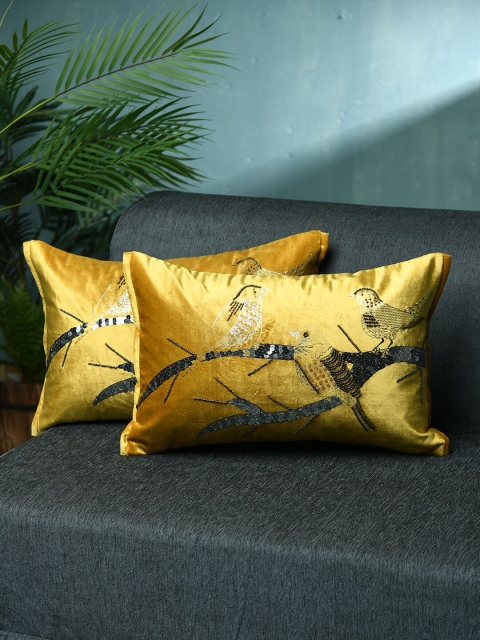

AMOROSA Set of 2 Yellow & Grey Embellished Rectangle Cushion Covers