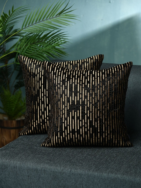 

AMOROSA Black & Gold-Toned Set of 2 Embroidered Square Cushion Covers